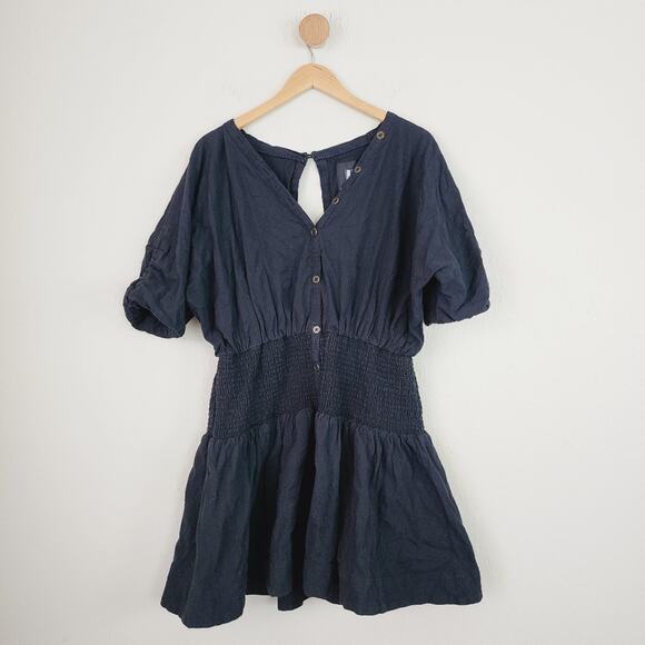 Anthropologie Dresses & Skirts - Maeve Anthropologie Black Puff Sleeve Smocked Open Back Cotton Mini Dress L